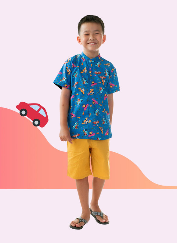 Mandarin Collar Shirt - Animals In Cars (Blue)