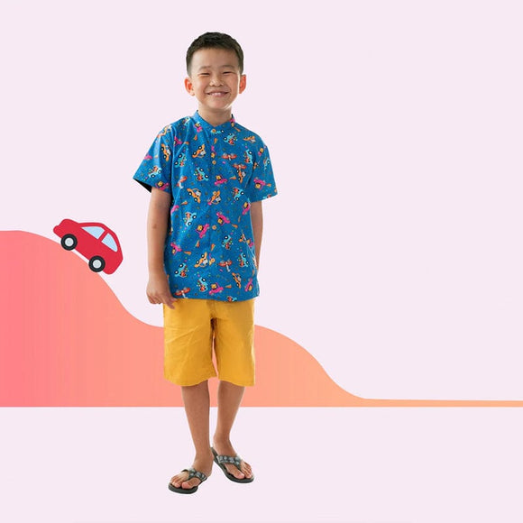 Mandarin Collar Boy Shirt - Animals In Cars (Blue)