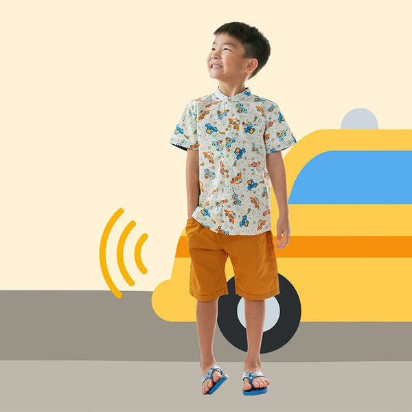 Mandarin Collar Boy Shirt - Animals In Cars (White)