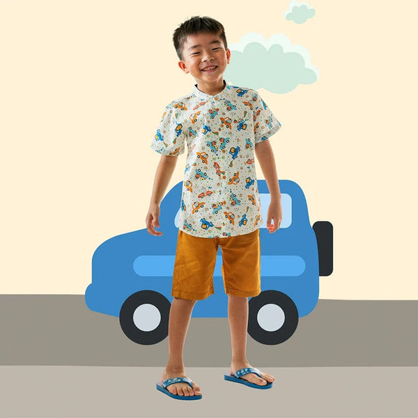 Mandarin Collar Boy Shirt - Animals In Cars (White)