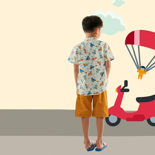 Mandarin Collar Boy Shirt - Animals In Cars (White)
