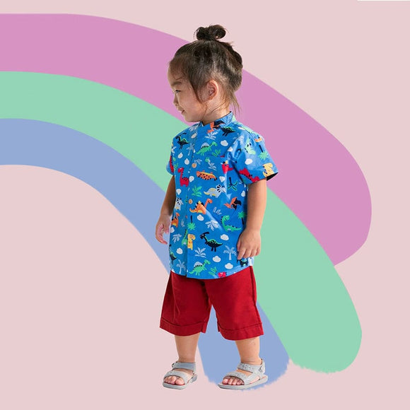 Mandarin Collar Boy Shirt - Colourful Dino (Blue)