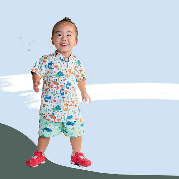 Mandarin Collar Boy Shirt - Hello Dino (White)