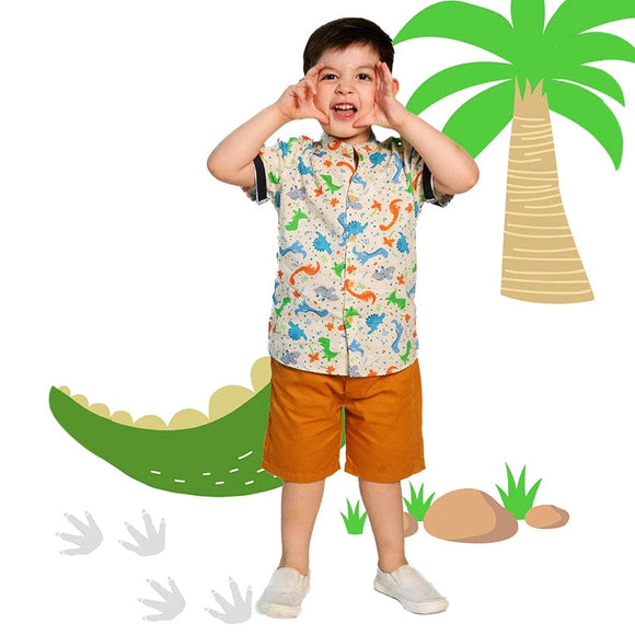 Mandarin Collar Boy Shirt - Stegosaurus Dino (Beige)