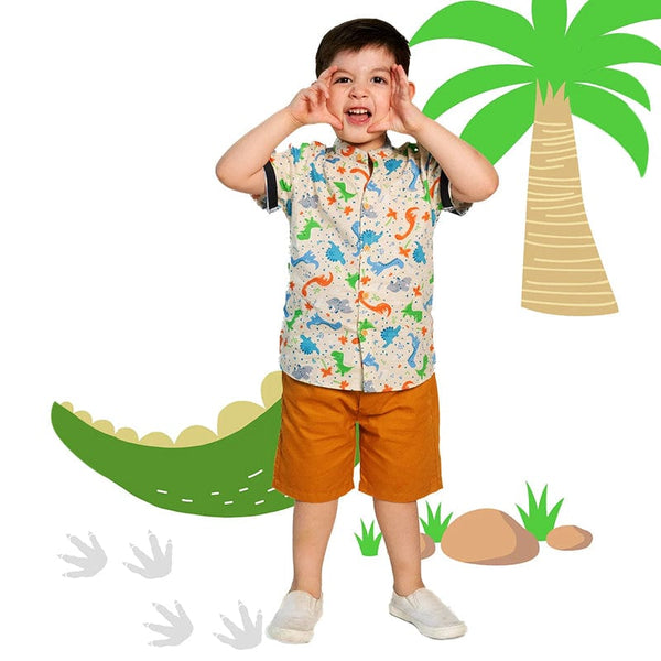 Mandarin Collar Boy Shirt - Stegosaurus Dino (Beige)