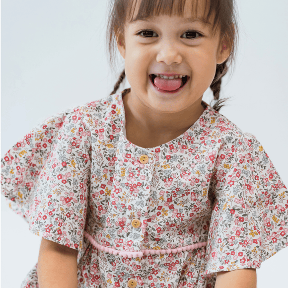Girl Dress Flutter Sleeve Button Down Mini Fleurs Dress - (Red)