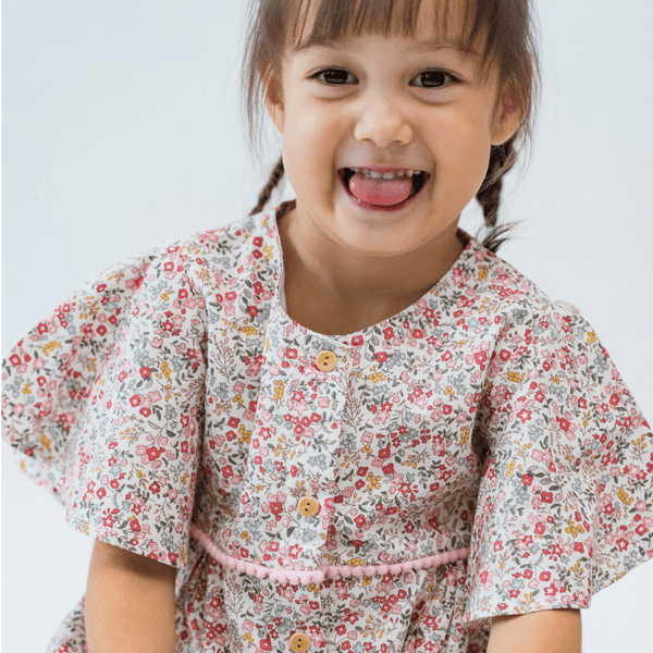 Girl Dress Flutter Sleeve Button Down Mini Fleurs Dress - (Red)