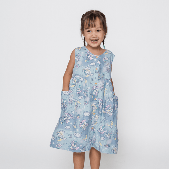 Girl Dress Button Down Sleeveless Moonlight Unicorn (Blue)