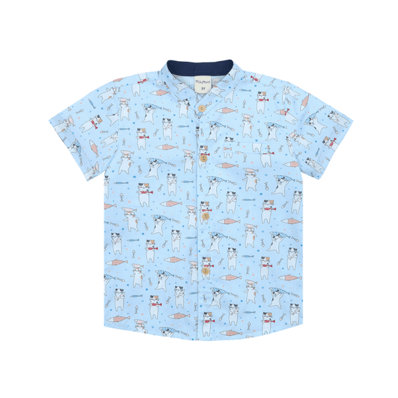 Boy Shirt Mandarin Collar - Playful Cats (Light Blue)