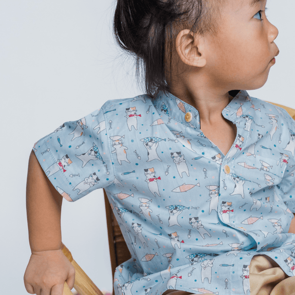 Boy Shirt Mandarin Collar - Playful Cats (Light Blue)
