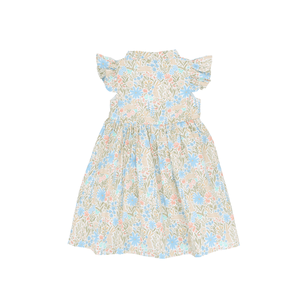 Girl Dress Ruffle Sleeve Button Down Secret Garden Bunny - (Blue)