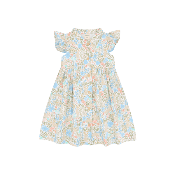 Girl Dress Ruffle Sleeve Button Down Secret Garden Bunny - (Blue)
