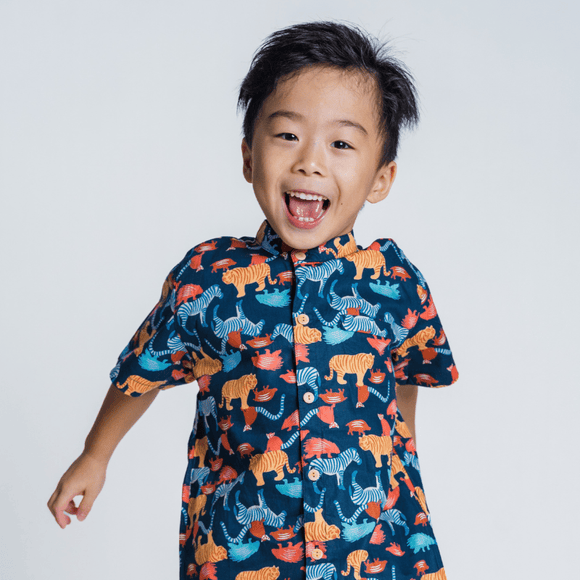 Boy Shirt Mandarin Collar - Wild Safari Adventures (Navy)