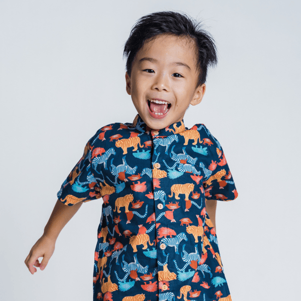 Boy Shirt Mandarin Collar - Wild Safari Adventures (Navy)