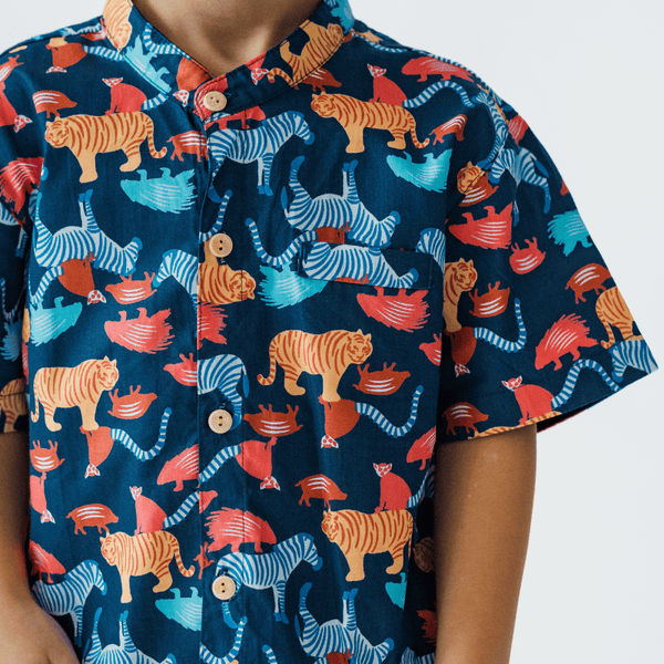 Boy Shirt Mandarin Collar - Wild Safari Adventures (Navy)