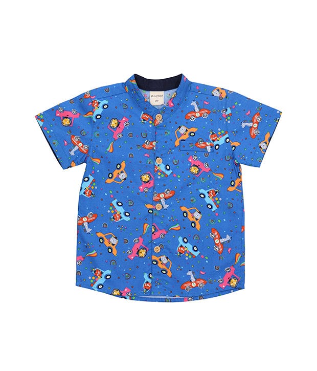 Mandarin Collar Shirt - Animals In Cars (Blue) NEW