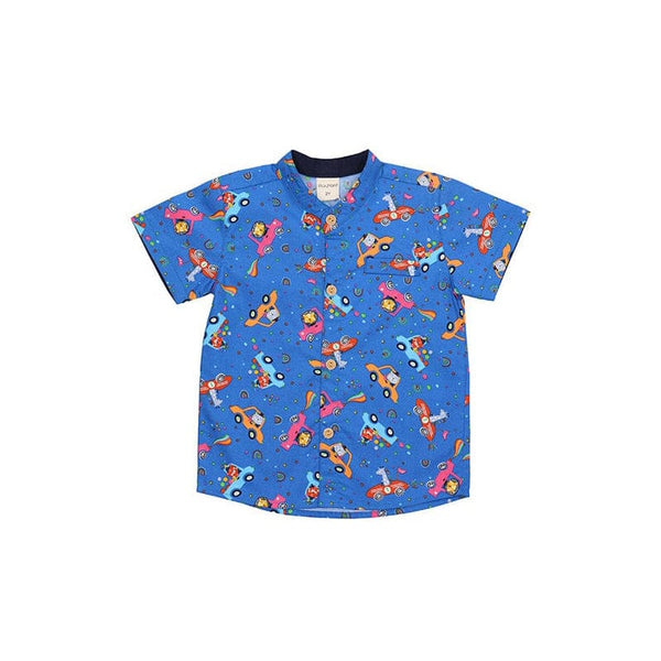 Mandarin Collar Boy Shirt - Animals In Cars (Blue)