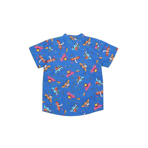 Mandarin Collar Boy Shirt - Animals In Cars (Blue)