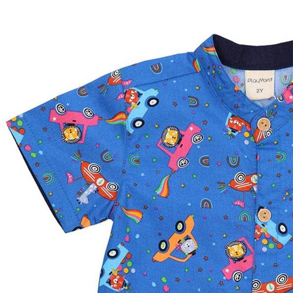 Mandarin Collar Boy Shirt - Animals In Cars (Blue)