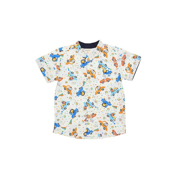 Mandarin Collar Boy Shirt - Animals In Cars (White)