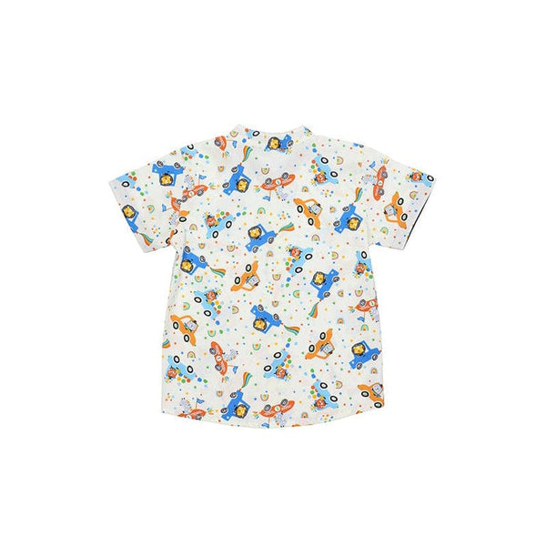 Mandarin Collar Boy Shirt - Animals In Cars (White)