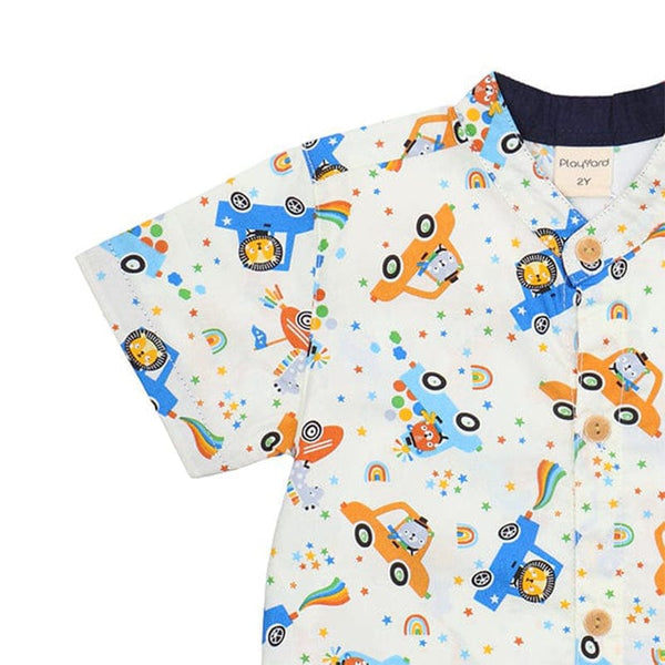 Mandarin Collar Boy Shirt - Animals In Cars (White)