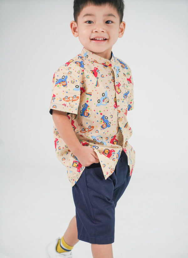 Mandarin Collar Shirt - Animals In Cars (Khaki)