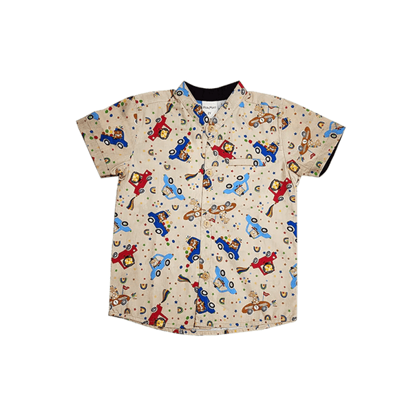 Mandarin Collar Shirt - Animals In Cars (Khaki)