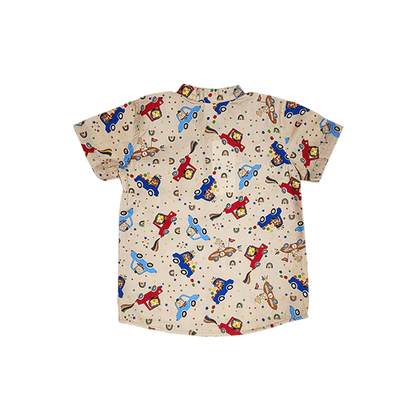 Mandarin Collar Shirt - Animals In Cars (Khaki)
