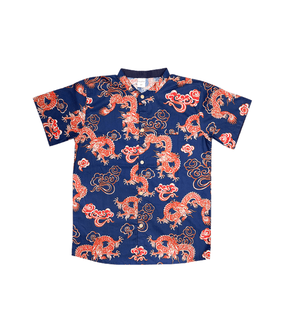 Mandarin Collar Shirt - Auspicious Dragon (Blue)