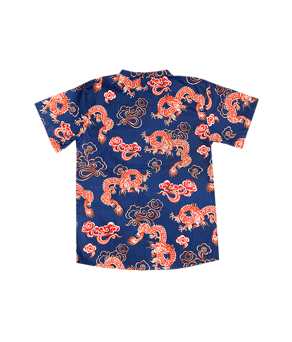 Mandarin Collar Shirt - Auspicious Dragon (Blue)