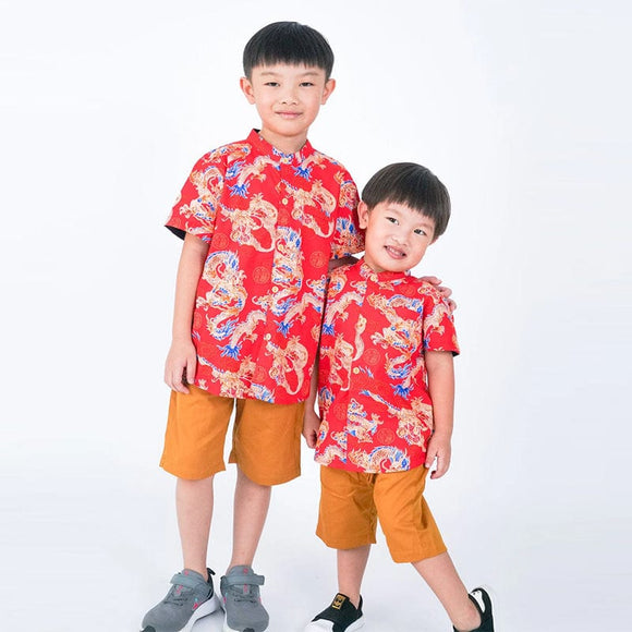 Mandarin Collar Boy Shirt - Auspicious Dragon (Red)
