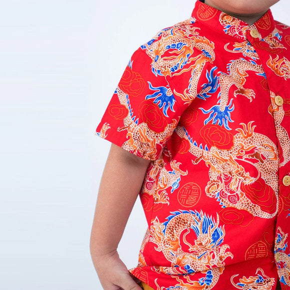 Mandarin Collar Boy Shirt - Auspicious Dragon (Red)