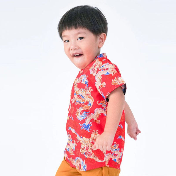 Mandarin Collar Boy Shirt - Auspicious Dragon (Red)