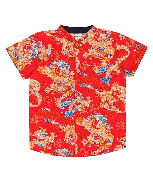 Mandarin Collar Shirt - Auspicious Dragon (Red)