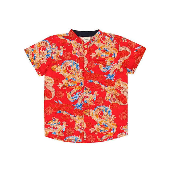 Mandarin Collar Boy Shirt - Auspicious Dragon (Red)