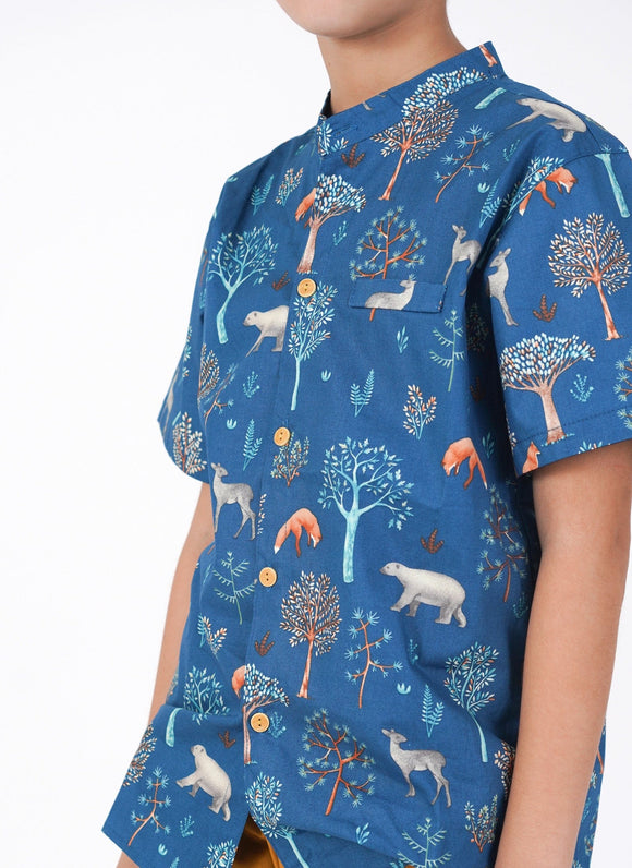 Mandarin Collar Shirt - Animals in Autumn (Blue)