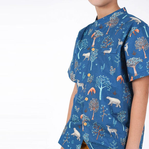 Mandarin Collar Boy Shirt - Animals in Autumn (Blue)