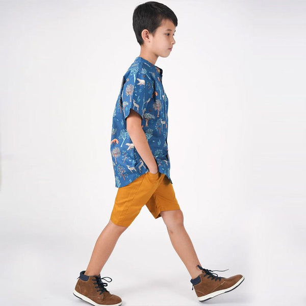 Mandarin Collar Boy Shirt - Animals in Autumn (Blue)