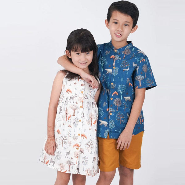 Mandarin Collar Boy Shirt - Animals in Autumn (Blue)