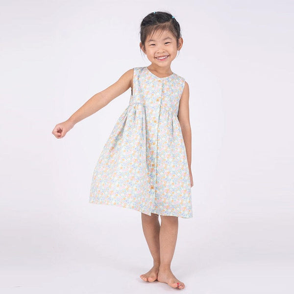 Button Down Petite Fleur Girl Dress - (Light Blue)