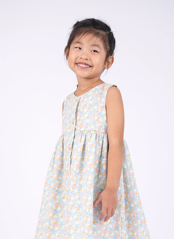 Button Down Petite Fleur Girl Dress - (Light Blue)