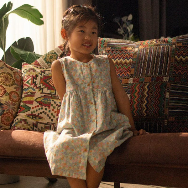 Button Down Petite Fleur Girl Dress - (Light Blue)