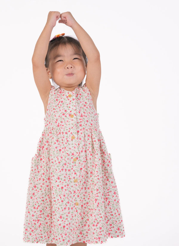 Button Down Ditsy Fleur Girl Dress - (White)
