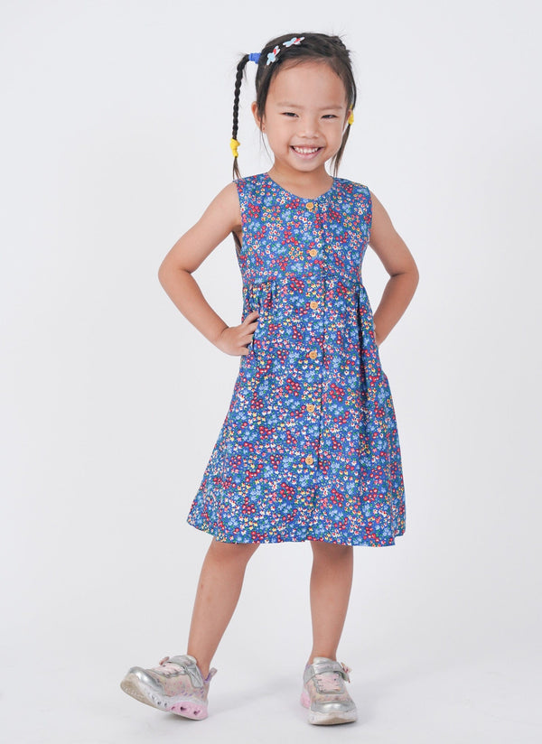 Button Down Ditsy Flower Dress - (Blue)