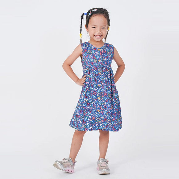 Button Down Ditsy Flower Girl Dress - (Blue)