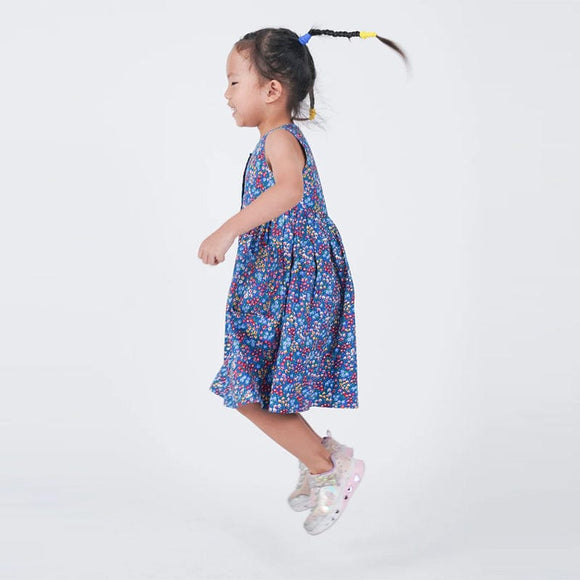 Button Down Ditsy Flower Girl Dress - (Blue)