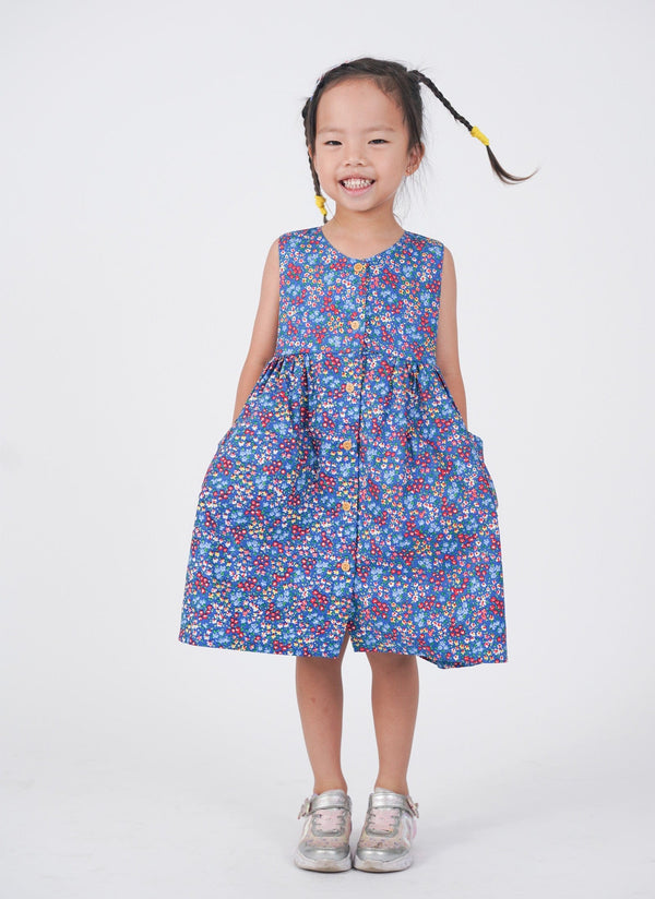 Button Down Ditsy Flower Dress - (Blue)