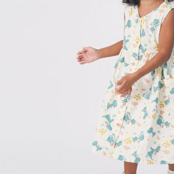 Button Down Dragons & Castles Girl Dress - (Beige)