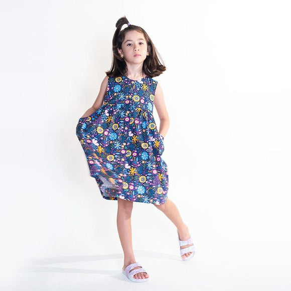 Button Down Flower Paradise Girl Dress (Navy Blue)